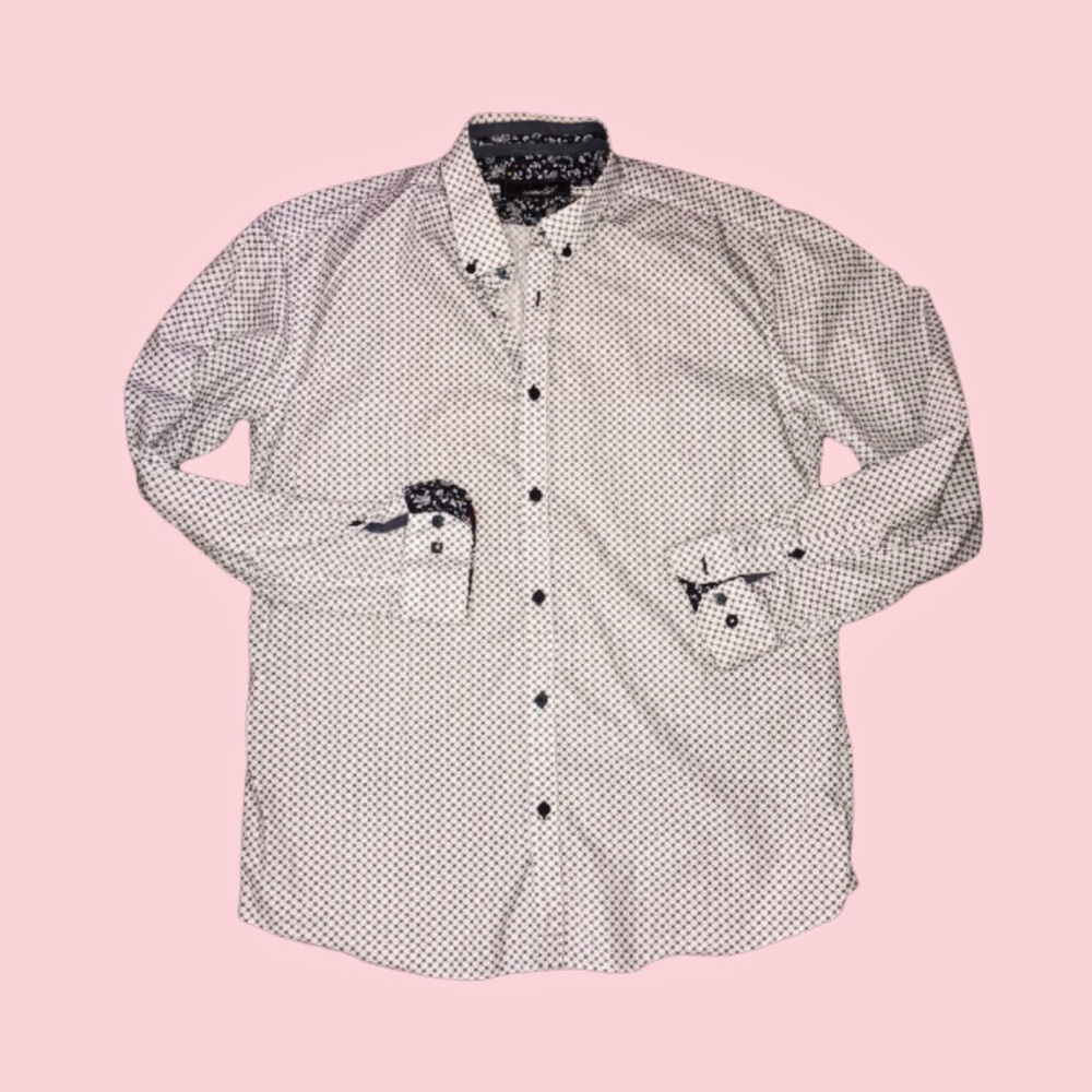 Men’s White Diamond Pattern Coastal Button-Up Shirt (XL)